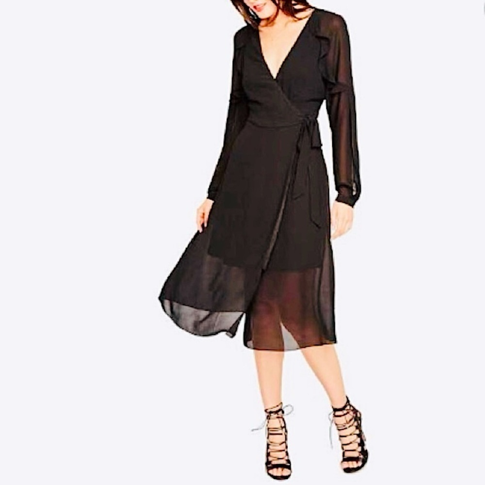 New Rachel Roy Ruffle Midi Wrap Dress Black Chiffon Plus Size 24 Dark Romantic